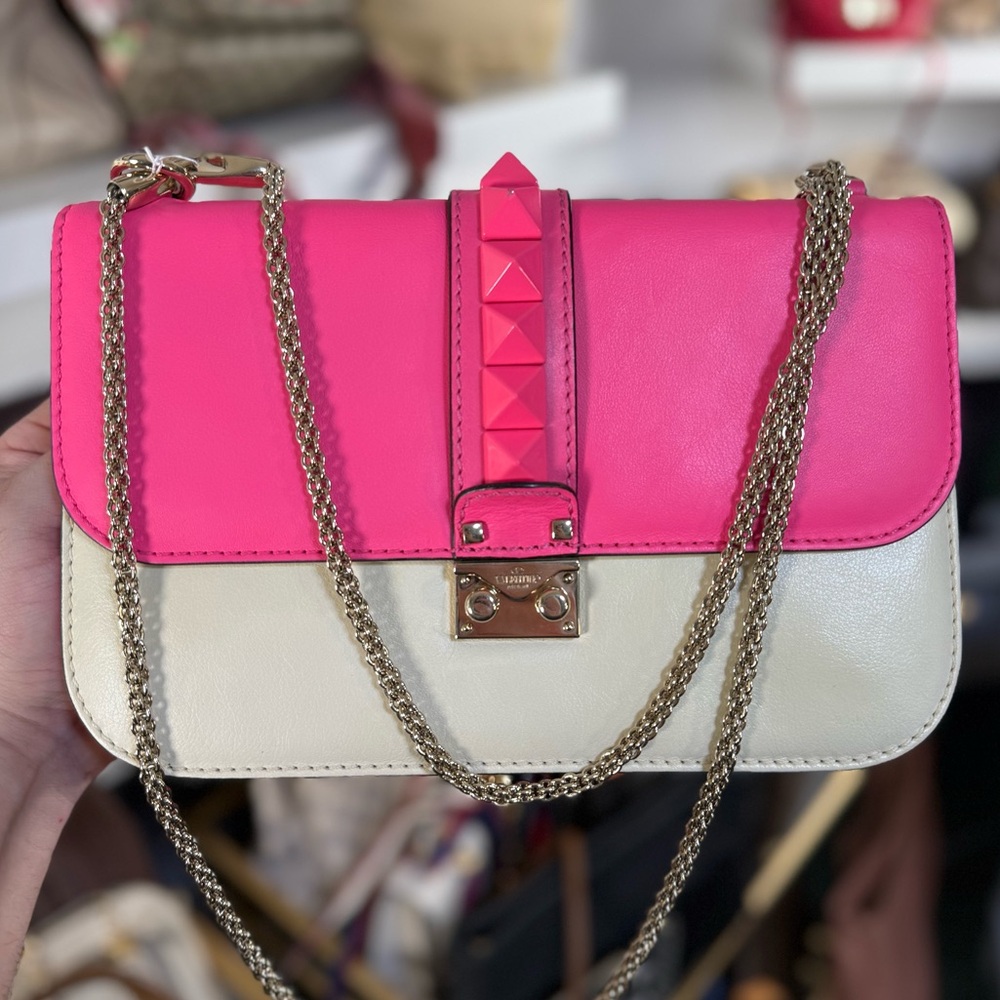 Valentino Pink and Cream Leather Shoulder Bag with Gold Chain